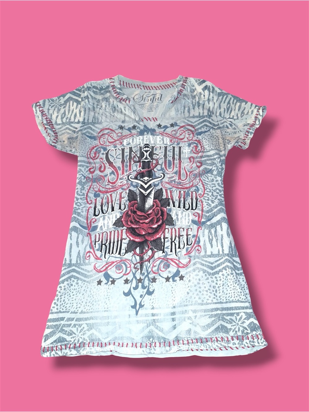 RARE VINTAGE Sinful Rose Graphic V-Neck